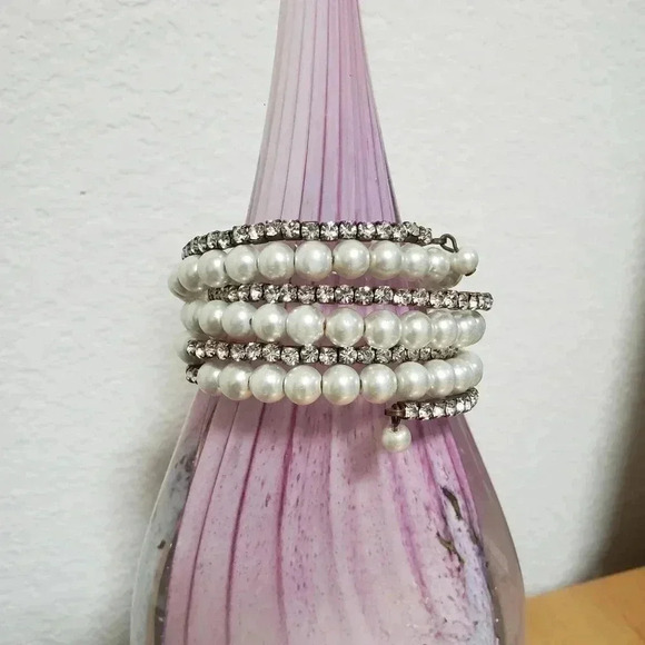 Vintage Multi Strand Rhinestone and Faux Pearl Bracelet - Picture 1 of 6
